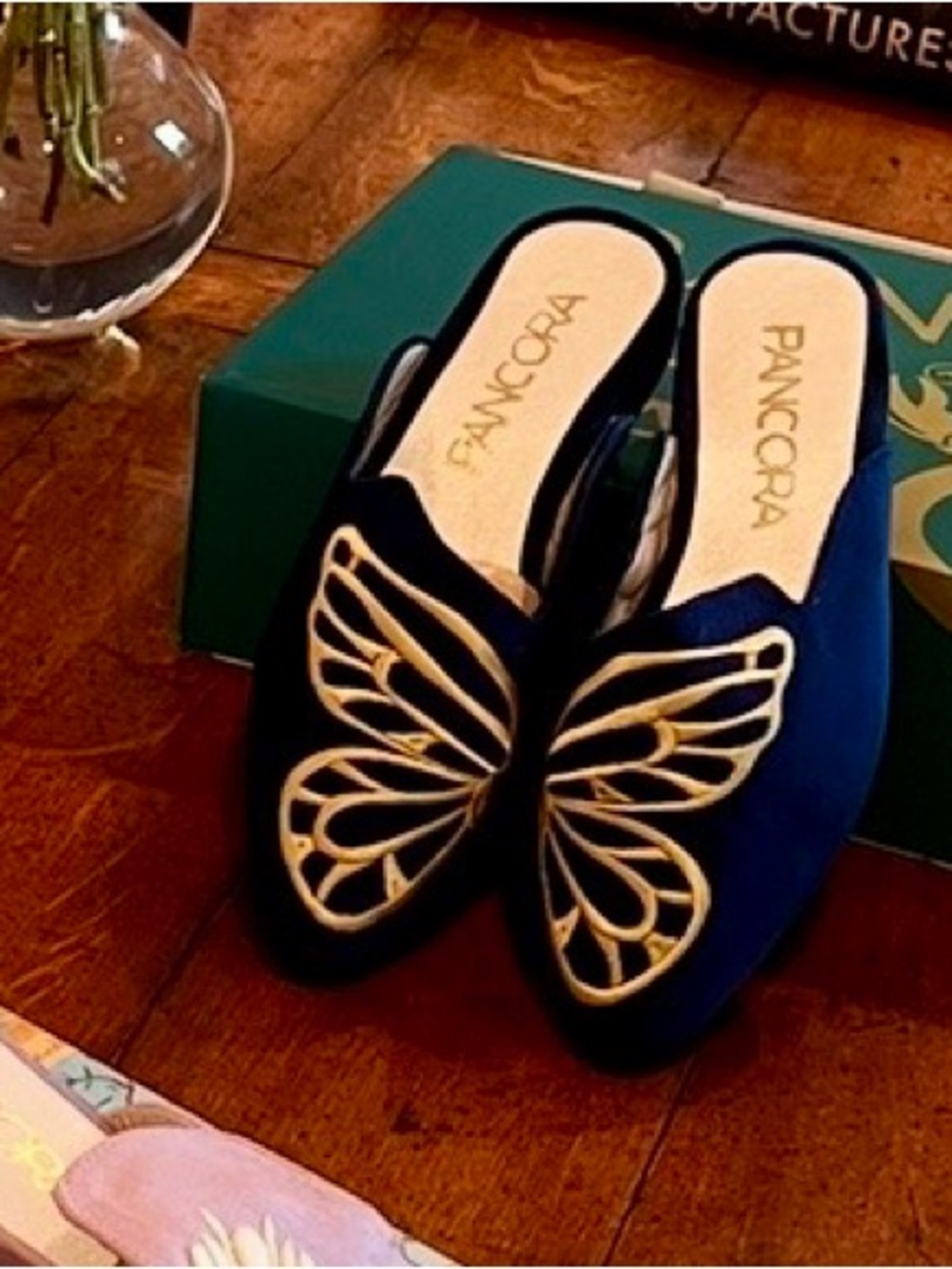 Pancora Navy Blue Butterfly Embroidered Mules